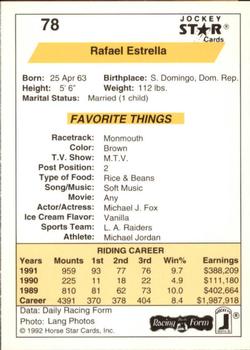 1992 Jockey Star #78 Rafael Estrella Back